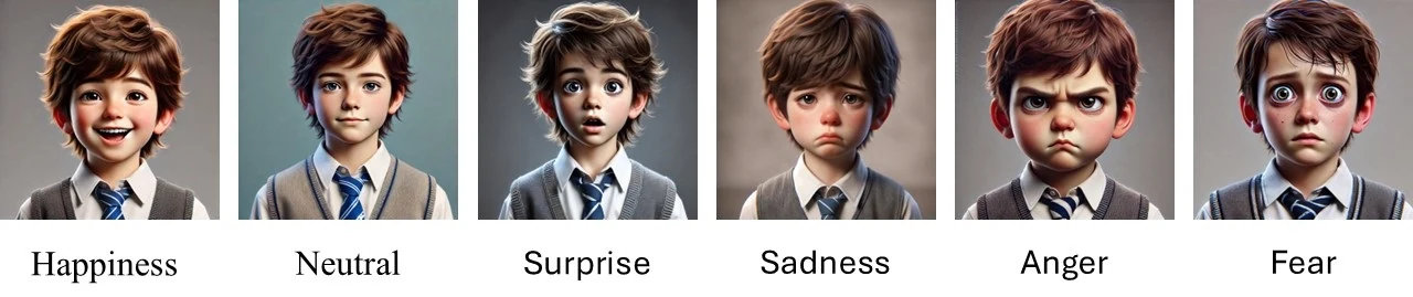 Six facial expressions used by the SocialEyes agents: happiness, neutral, surprise, sadness, anger, and fear
